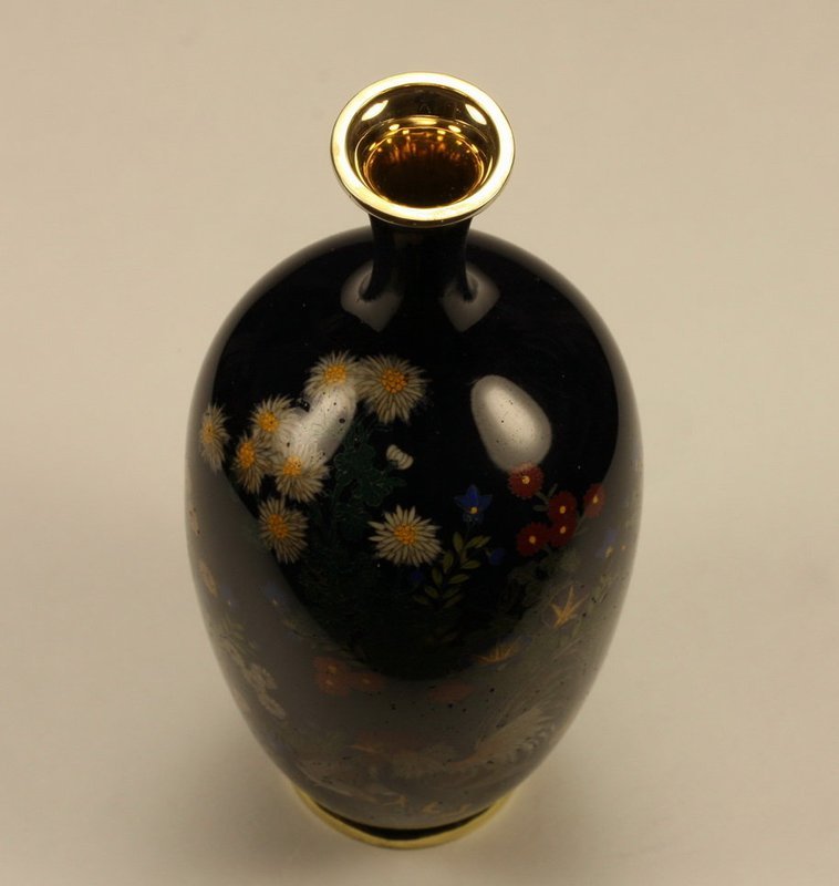 Japanese Cloisonne Enamel Vase w Rooster &amp; Hen c19th