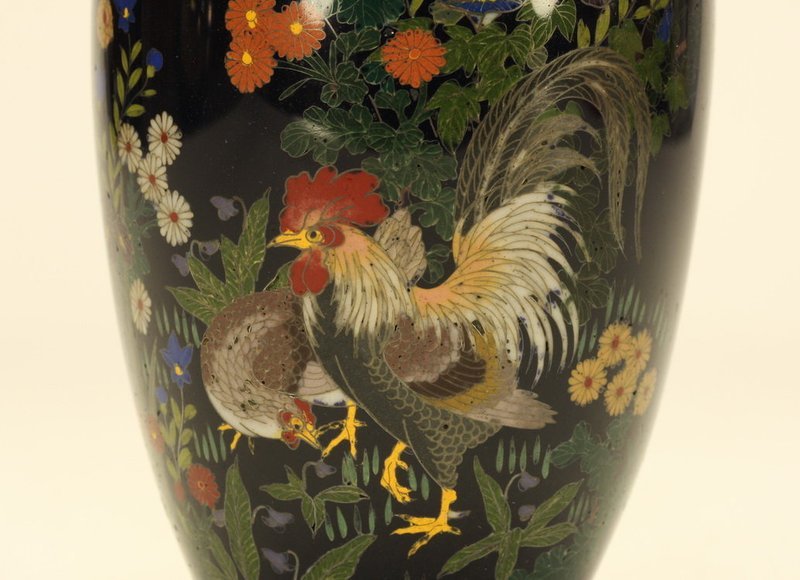 Japanese Cloisonne Enamel Vase w Rooster &amp; Hen c19th