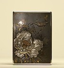 Japanese Silver Box w Roses & Brown Bird Signed