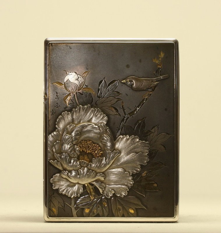 Japanese Silver Box w Roses &amp; Brown Bird Signed