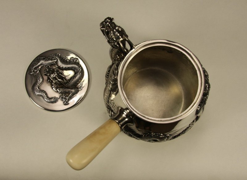 Japanese Silver Teapot w Relief Dragon Spout &amp; Lid