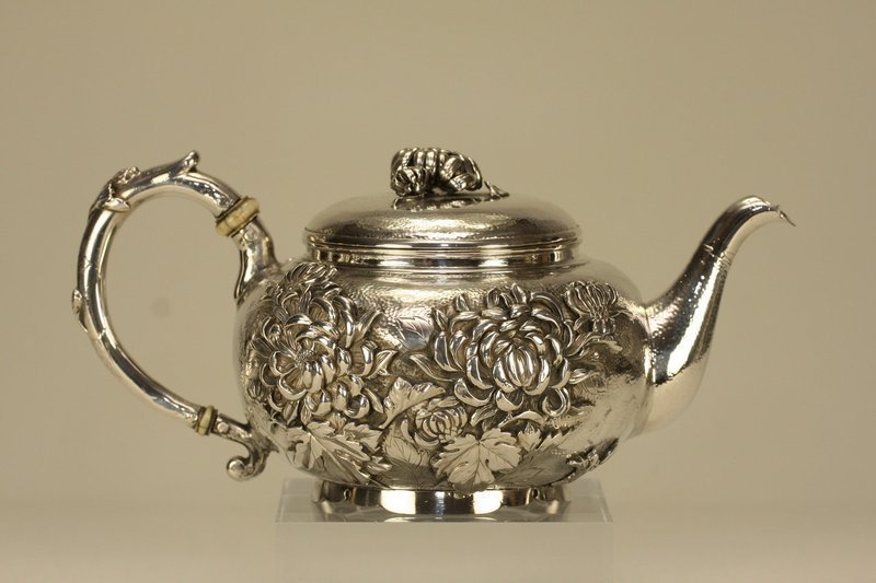 Japanese Silver Teapot Chrysanthemum Marked &amp; Signed