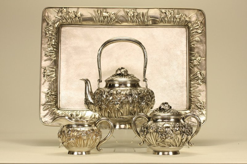 Japanese Silver Tea Set w Tray Irises Reliefs Signed