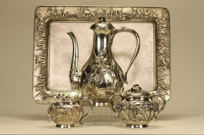 Japanese Silver Tea Set w Tray Irises Reliefs Signed