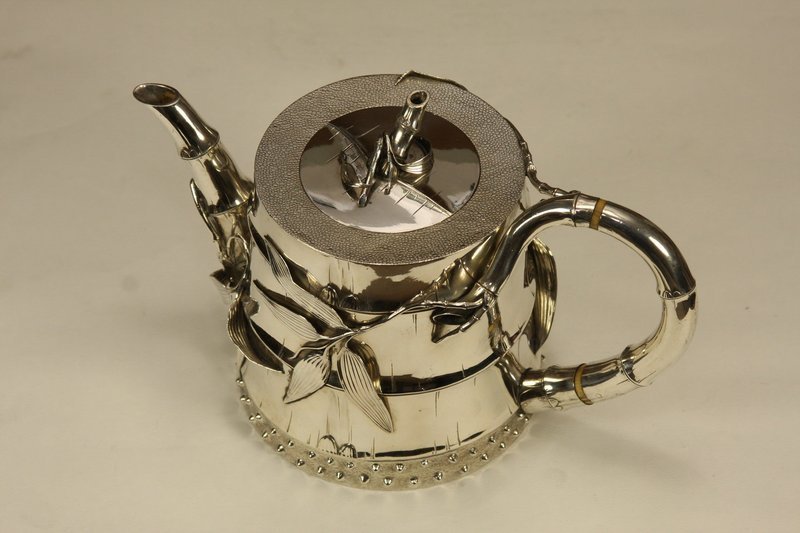 Japanese Silver Tea Set w Bamboo Design &amp; Signed