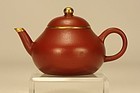 CHINESE YIXING TEAPOT PEAR SHAPED w GOLD & SIGNED
