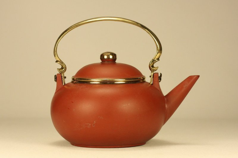 Chinese Yixing Teapot GONJU w Brass Mounted &amp; Signed