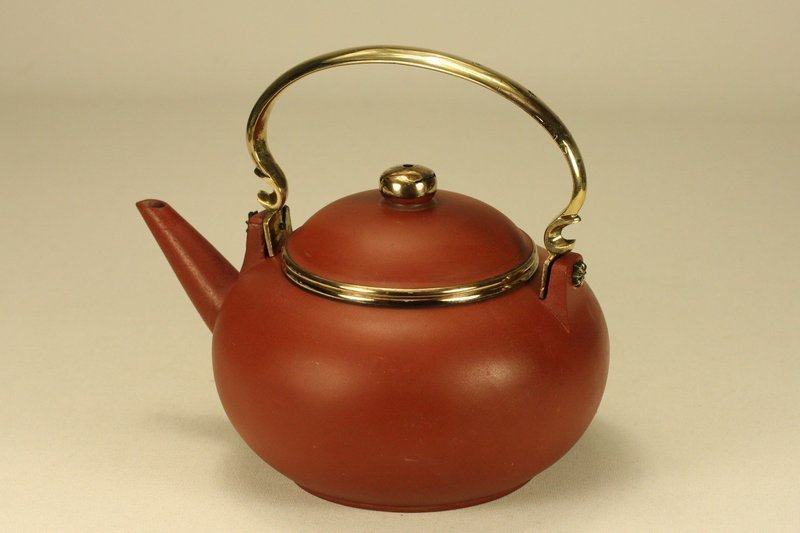 Chinese Yixing Teapot GONJU w Brass Mounted &amp; Signed