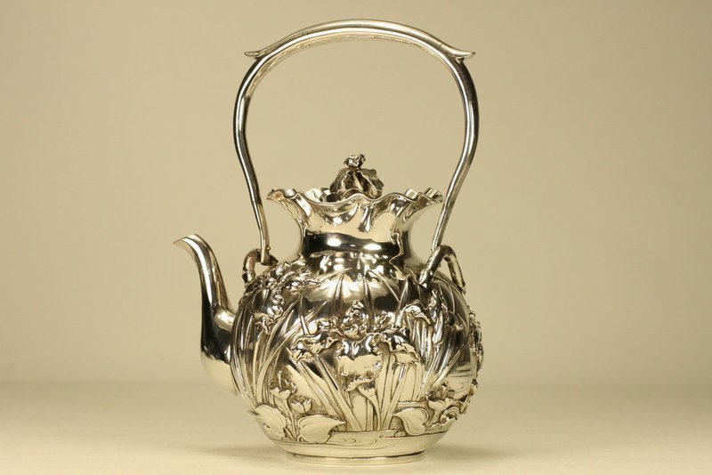 Japanese Silver Teapot w Irises Marked &amp; Signed