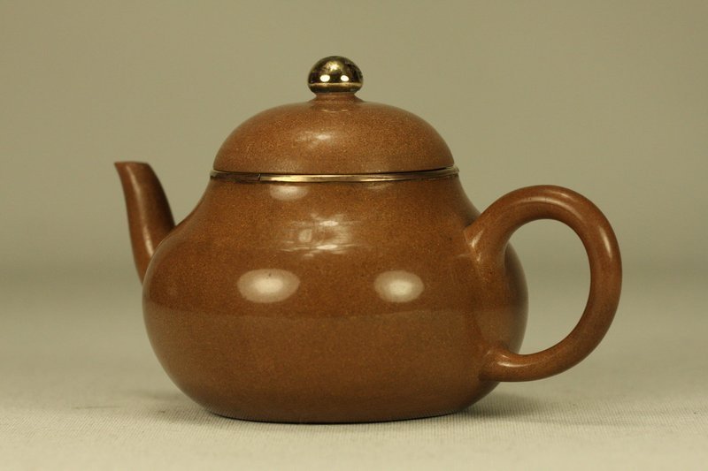Chinese Yixing Teapot MENGCHEN Brass Mounted &amp; Signed