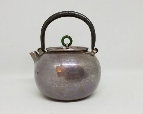 Japanese Silver Teapot w Jade Ring