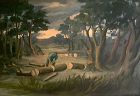 Emmanuel Gondouin, Woodcutters in French Forest at Sunset, Signed