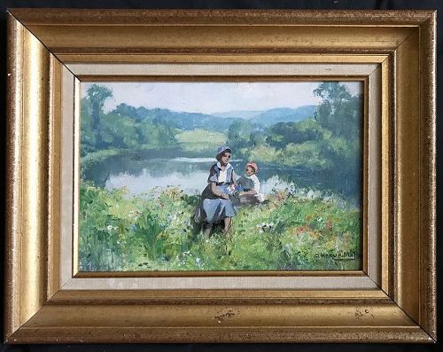 Impressionist Mother & Child in Landscape, oil, listed Jules Herve