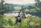 Impressionist Mother & Child in Landscape, oil, listed Jules Herve