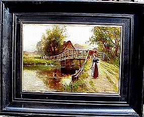 Sunset with Woman & Cow on Bridge: Ernest Walbourn