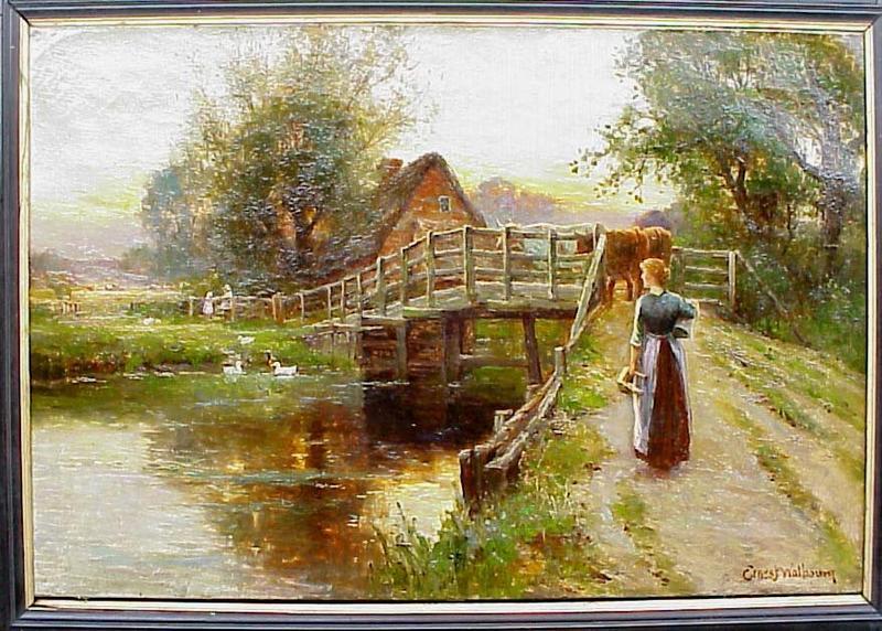 Sunset with Woman &amp; Cow on Bridge: Ernest Walbourn