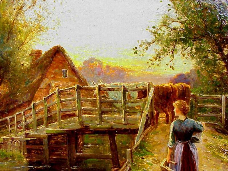 Sunset with Woman &amp; Cow on Bridge: Ernest Walbourn