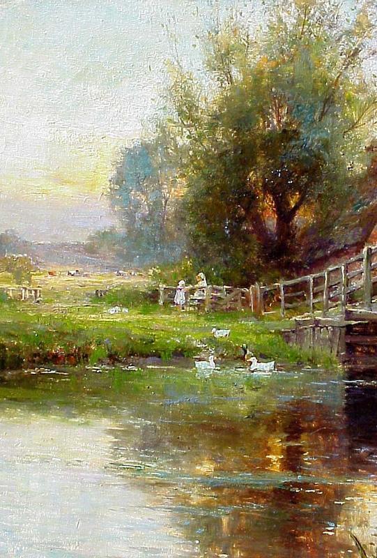 Sunset with Woman &amp; Cow on Bridge: Ernest Walbourn