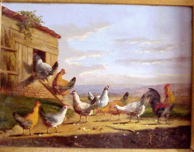 Chickens &amp; Rooster in Landscape: Albertus Verhoesen