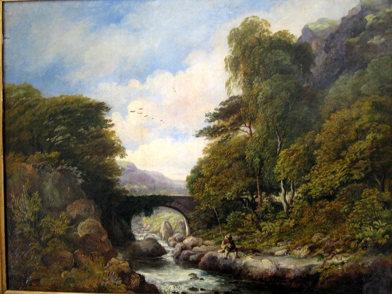 River Landscape with Fisherman: John Linnell
