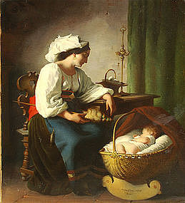 Portrait of Mother & Child in Cradle:Giuseppe Mazzolini