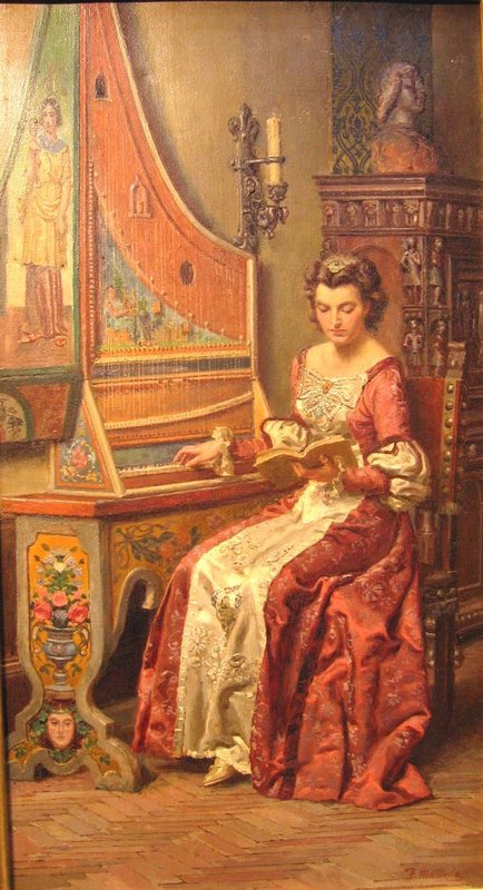 Woman Playing Harpsicord: Fortunino Matania