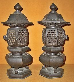 Antique Japanese Buddhist Temple Bronze Altar Lanterns