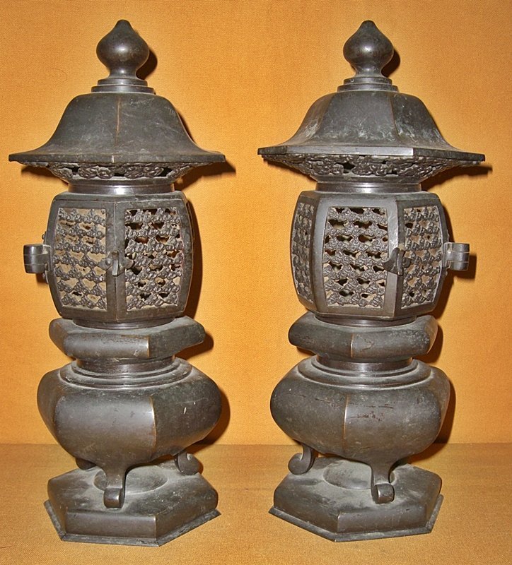 Antique Japanese Buddhist Temple Bronze Altar Lanterns