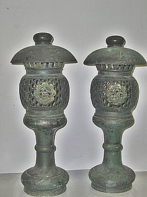 Antique Japanese C1885 Buddhist Temple Bronze Oil Lamps