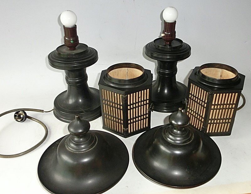 Antique Japanese Pair Bronze Hexogonal Buddhist Temple Lamps