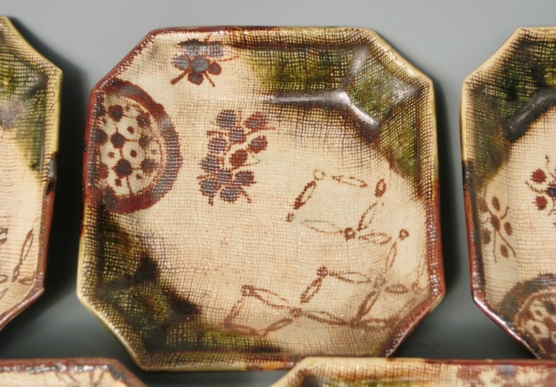 Antique Japanese Meiji Period C.1880 Set of 6 Oribe Dishes