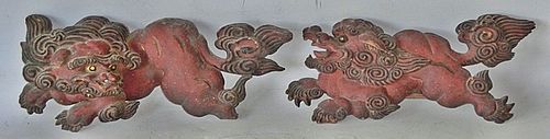 Antique Japanese Pair Wood Shishi Lion Carvings