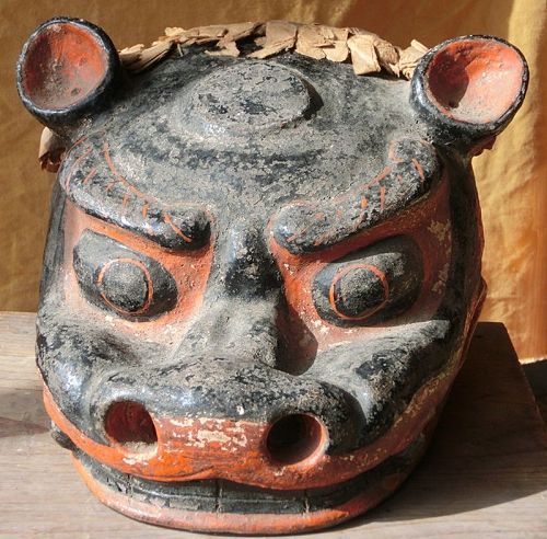 Antique Japanese Shishimai Shrine Mask; Ceramic C.1880