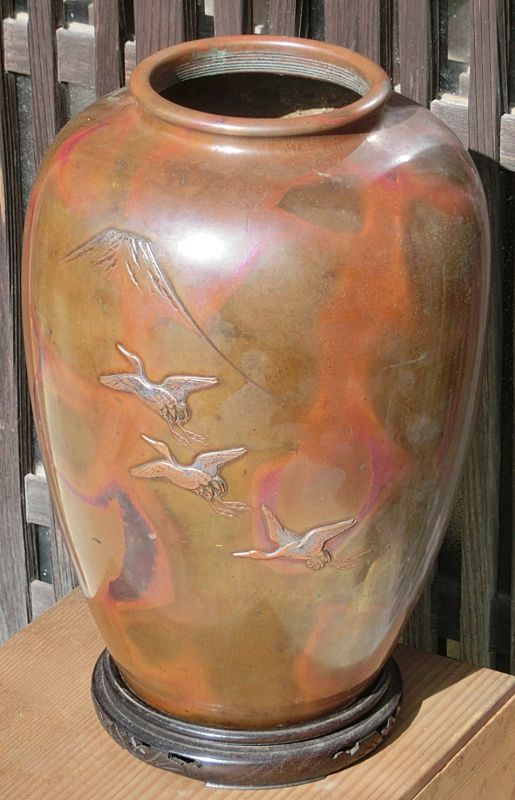 Antique Japanese Murashido Bronze Fuji/Crane Vase