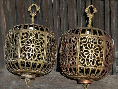 Antique Japanese Shinto Shrine Pair Brass Hanging Lamps