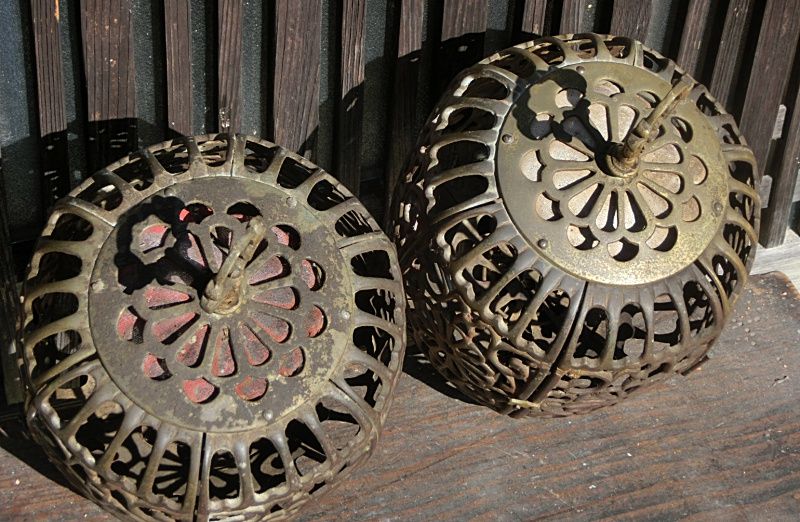 Antique Japanese Shinto Shrine Pair Brass Hanging Lamps
