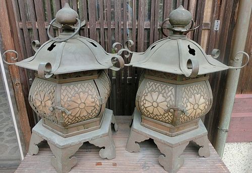 Antique Japanese Pair Brass Shrine Temple Lanterns C.1737