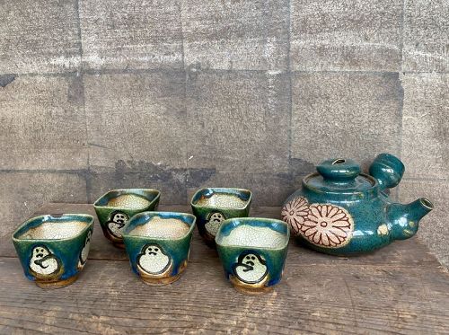 Japanese Antique Seto Oribe Sencha/Sake Tea Pot / 5 Cups