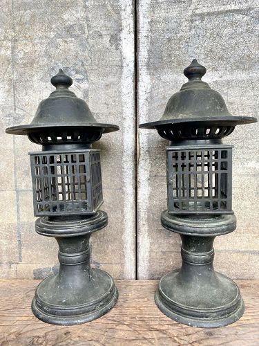 Antique Japanese Pair Temple Bronze Lanterns