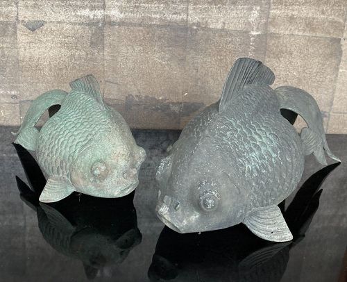 Antique Japanese Bronze Goldfish Pair w/Water Spouts