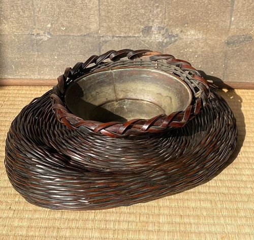 Antique Japanese Rare Flat Ikebana Bamboo Flower Basket