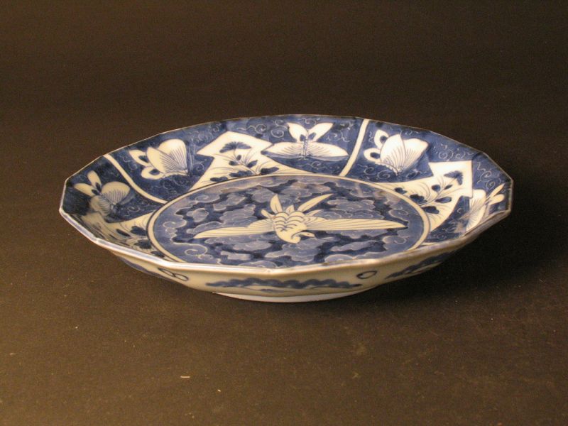 Ko-Imari blue and white plate with flowers birds pattern