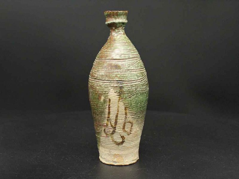 Green glaze "Oribe" Tokuri sake server, vase by great Sadamitsu Sugimo
