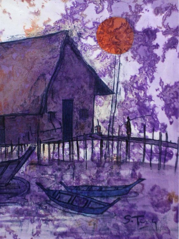 Rare Pair of Batik, Sun and Moon by Chuah Siew Teng