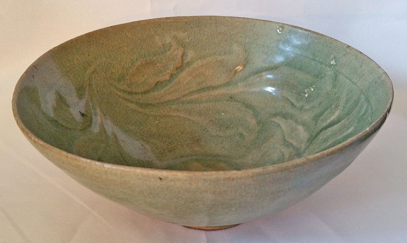 12th Century Celadon Bowl with Carved Lotus Blossoms