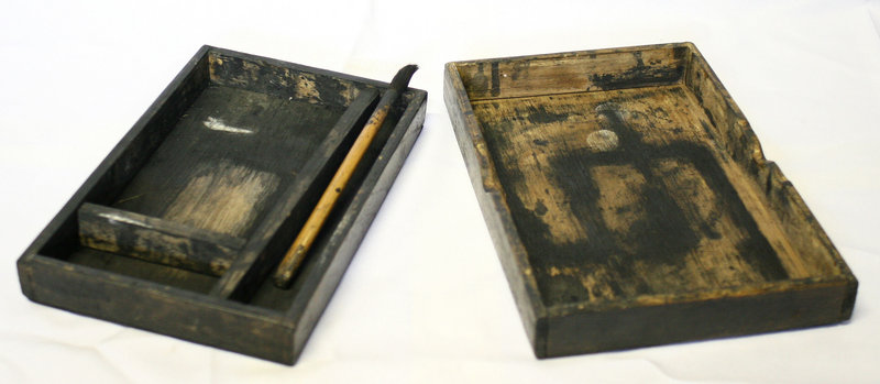 Korean Antique Compartmented Inkstone Box and Old Brush