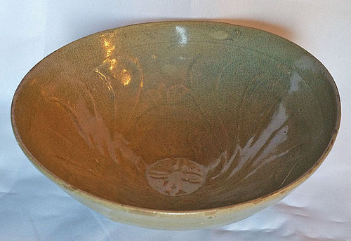 13th Century Celadon Bowl with Carved Lotus Blossoms,Symbol of Rebirth