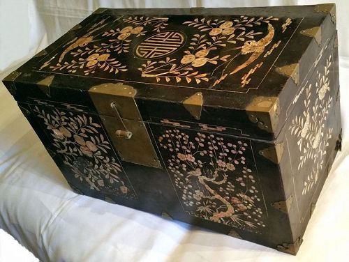 Rare 19th Century Black Lacquered Box with Cranes, Trees, and Flowers