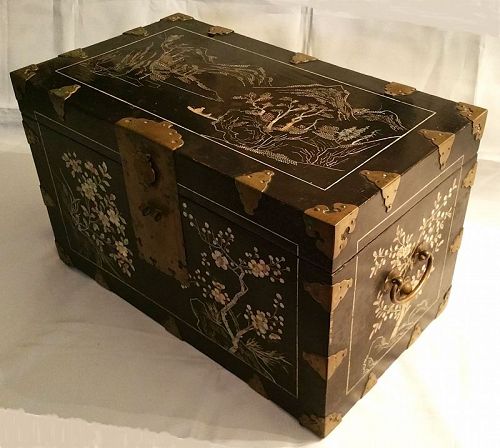 Rare 19th Century Black Lacquered Box w/ River and Mountain Landscape