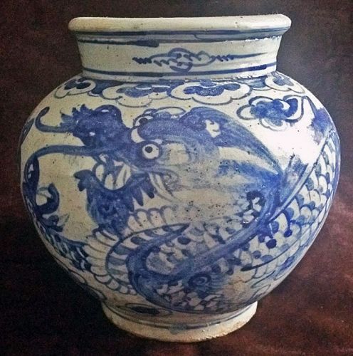 19h Century Joseon Dynasty Korean Porcelain Dragon Jar w/Splendid Face